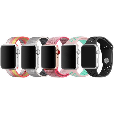 Set 5 Curele iUni compatibile cu Apple Watch 1/2/3/4/5/6/7, 44mm, Multicolor, Gri, Roz, Roz/Albastru